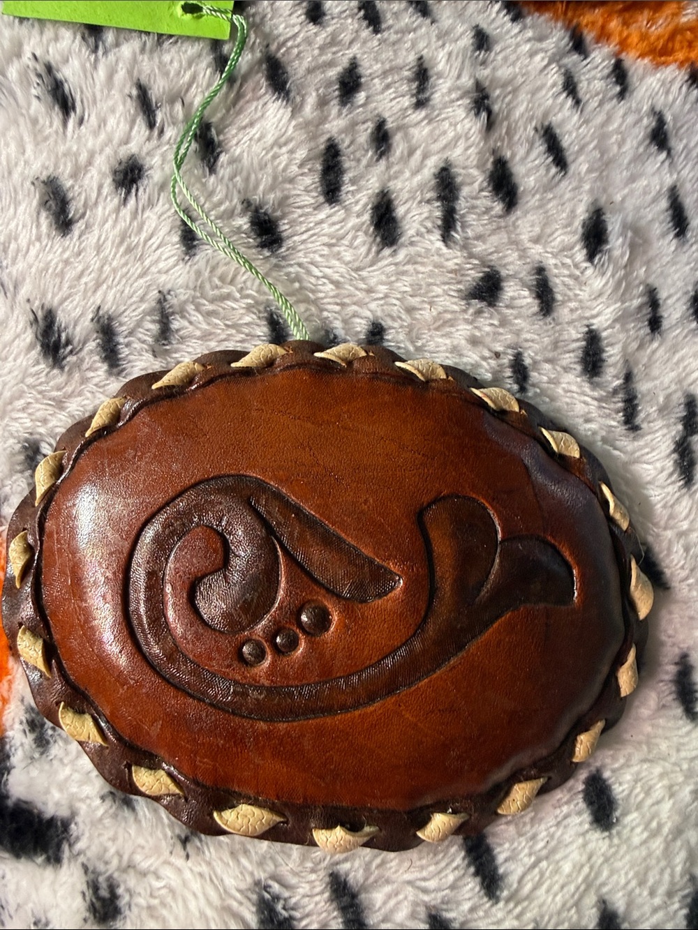 Handcrafted Brown Leather Belt Buckle Carved Scroll Design